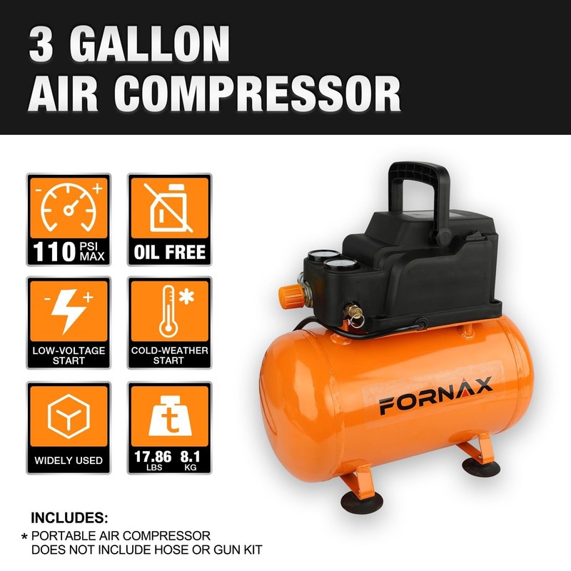 FORNAX 3 Gallon Portable Air Compressor, 110 PSI Hot Dog Air Compressor, Oil ... gallery