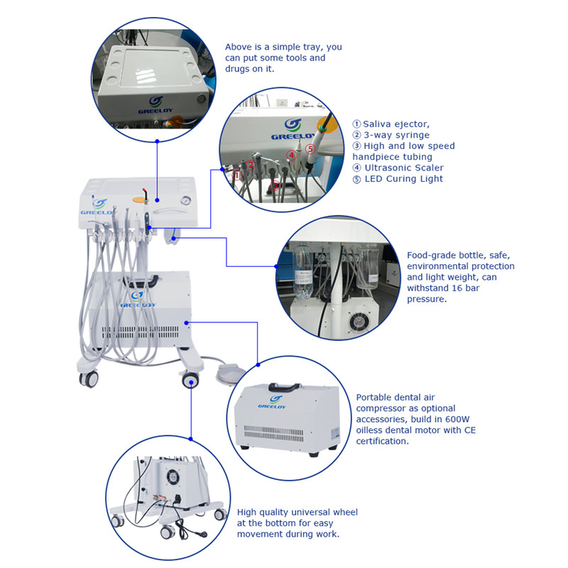 Dental Unit Cart with Curing Light Scaler GU-P302+GUP300 Oil Free Air Compressor gallery
