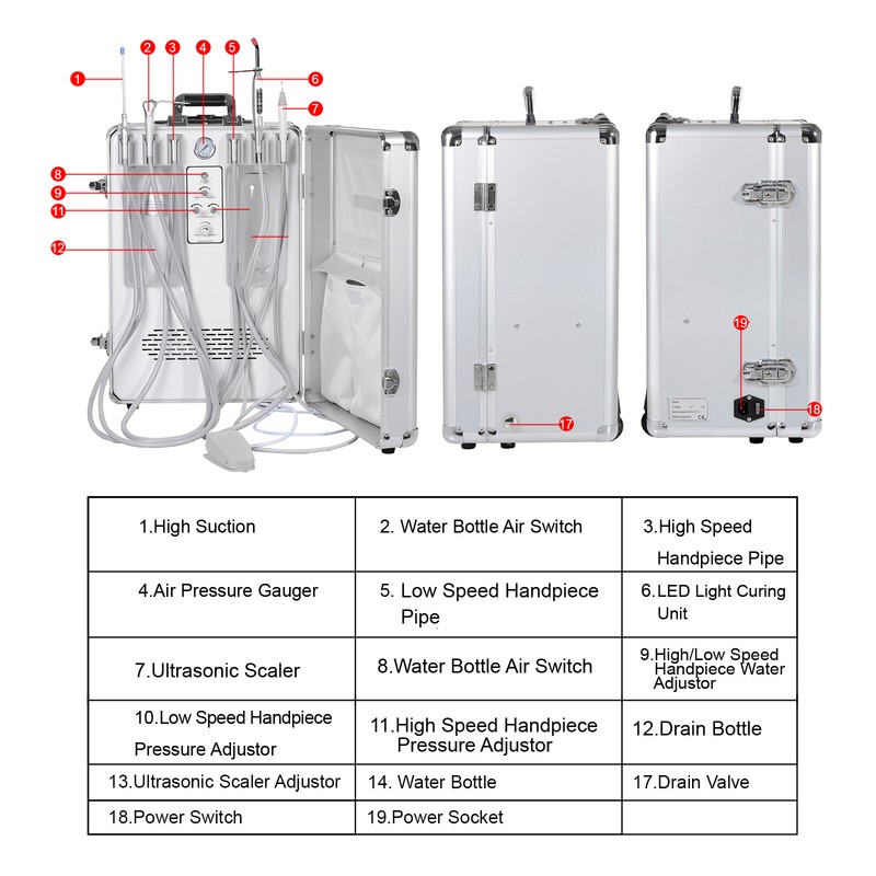 Portable Dental Unit w/ Air Compressor 3 Way Syringe LED Curing Light Scaler 2H gallery