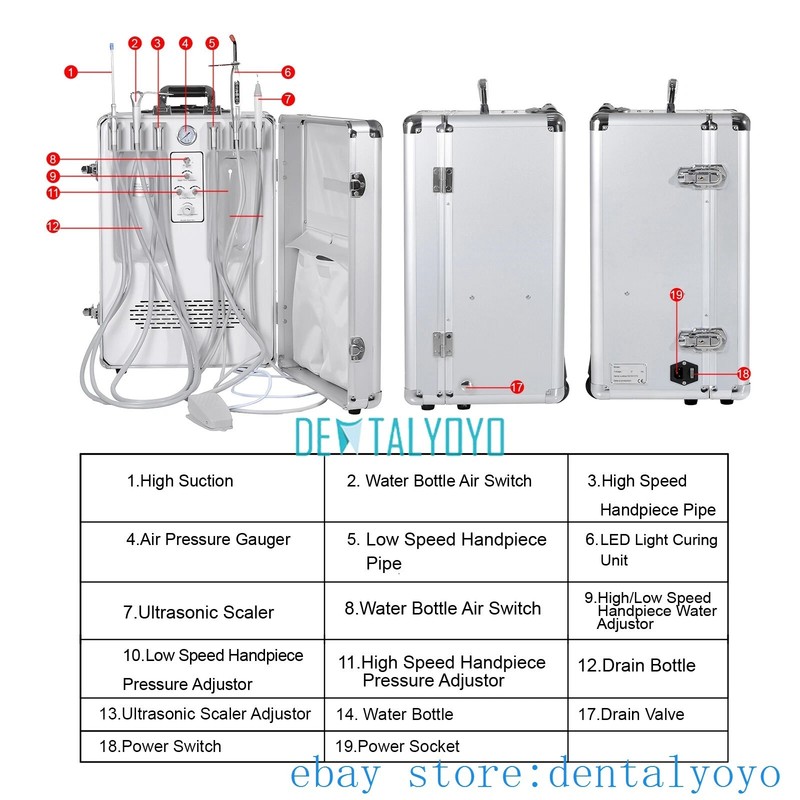 Portable Mobile Dental Unit with Compressor with Curing Light + Scaler Handpiece gallery