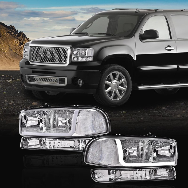 LED Headlights Assembly Pair GMC Yukon XL Sierra 1999-2007 Clear Lens Chrome gallery