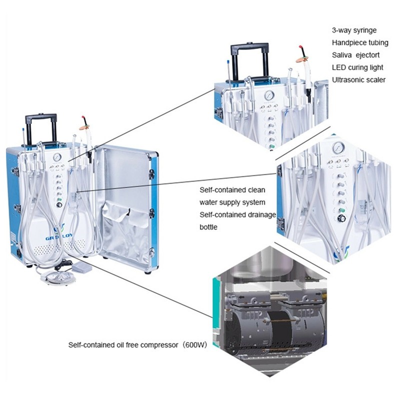 GU-P206S Portable Air Compressor Dental Unit + High Low Speed Handpiece Kits 2H gallery