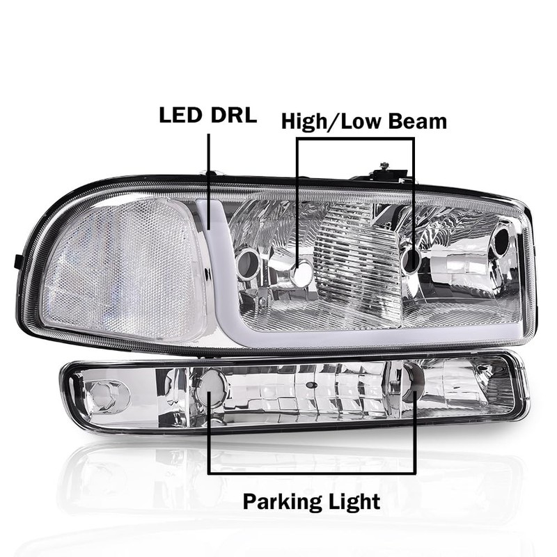 LED Headlights Assembly Pair GMC Yukon XL Sierra 1999-2007 Clear Lens Chrome gallery