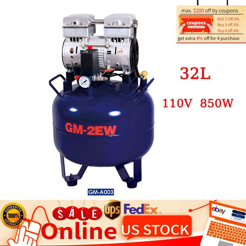 32L Portable Dental Medical Air Compressor Oil Free Tank Noiseless 110V 850W New