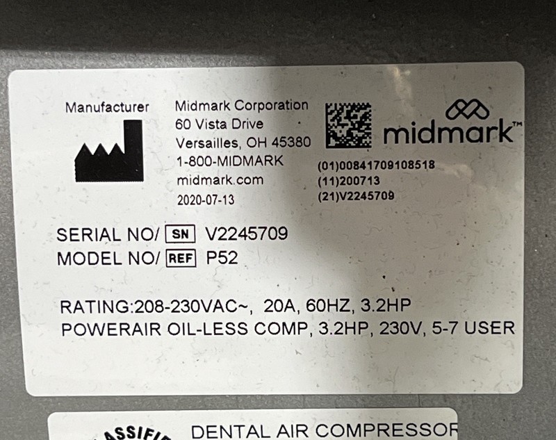 Midmark PowerAir P52 Oil-less Air Compressor 5-7 User - MFG 2020 Low 869 Hours gallery