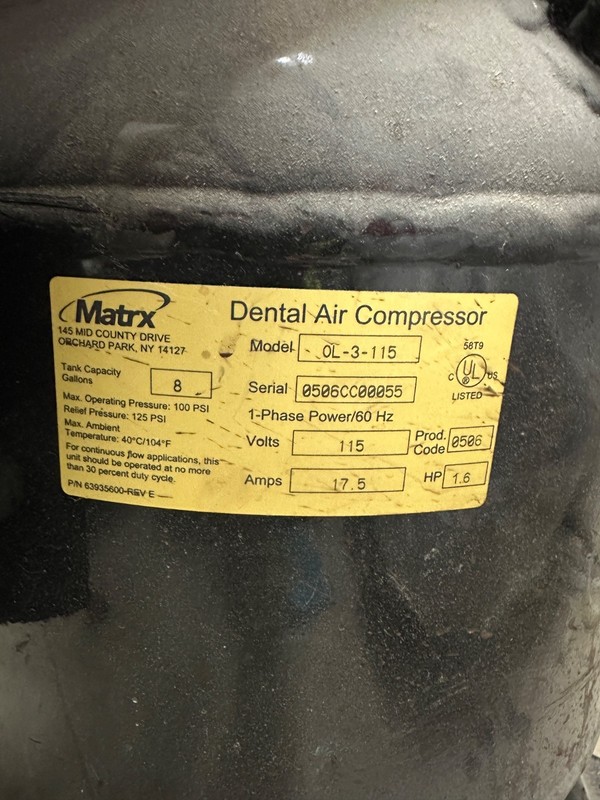 Matrx AirMax Dental Air Compressor Oil-less Model OL-3-115. 115 V Works Great! gallery