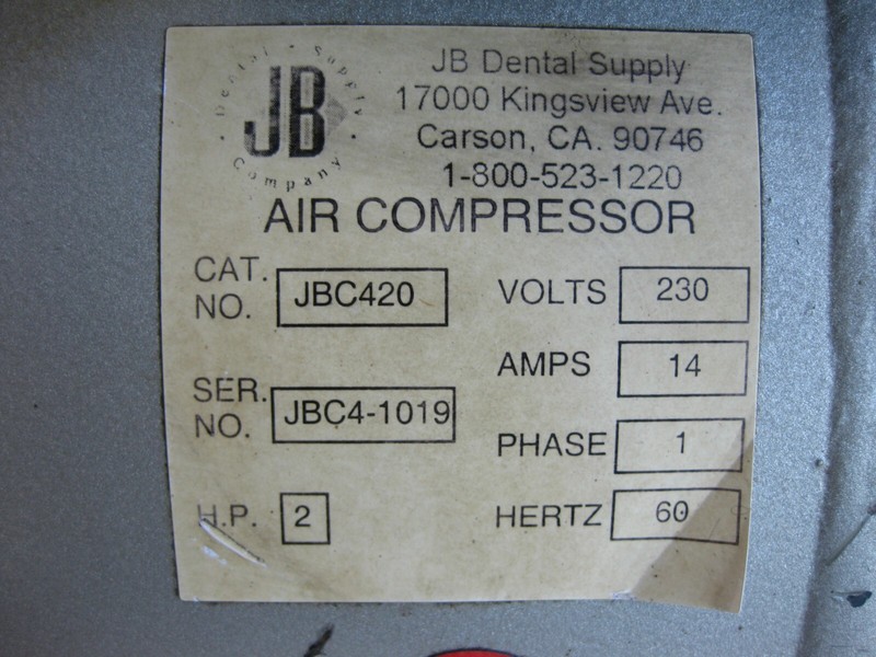 JB Dental Air Compressors Dual Head JBC420 200 PSI 2HP 230V 20 Gal KAT4-0100-CAV gallery