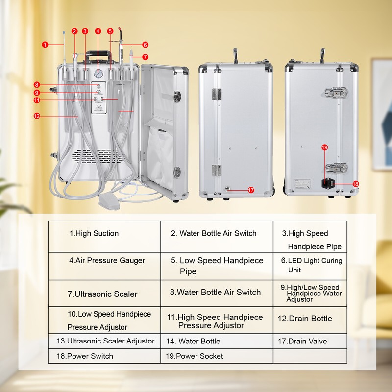 Portable Dental Unit Oil-free Air Compressor G13-B+LED Curing Light+A Scaler 2H gallery
